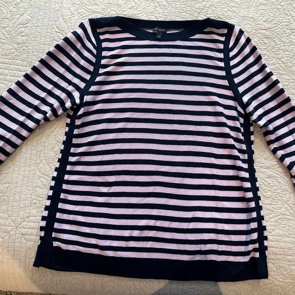Talbots large pink and navy striped sweater